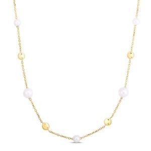 Real 14K Yellow Gold & Pearl Polished 18" Tin Cup Station Necklace